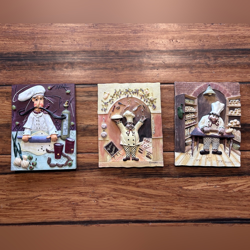 3 Resin kitchen wall art. Riggsbee Bon Appetite & Baker and Joanna Italian Chef.